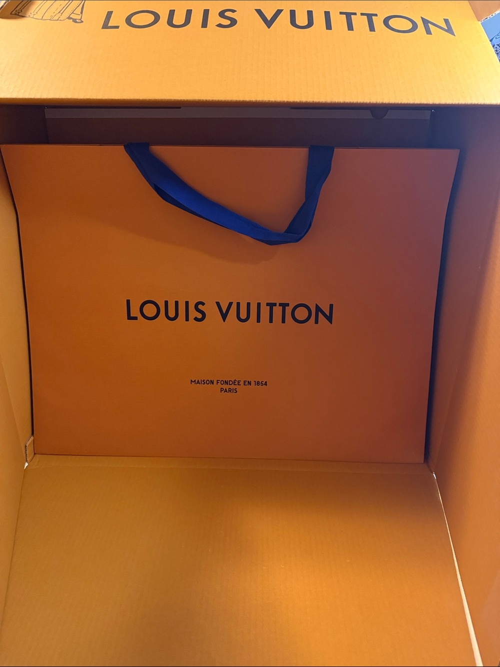 Louis Vuitton Orange Gift Bag with Blue Ribbon Handle and Box Set. - Picture 2 of 15